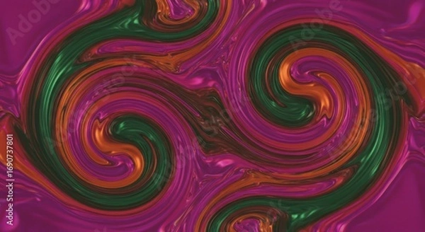 Fototapeta Abstract swirls of green orange and magenta create a fluid marblelike effect