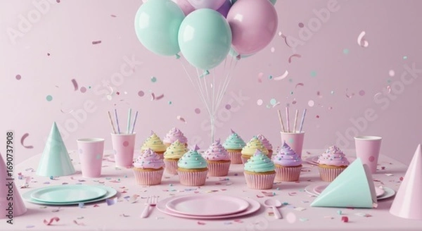 Fototapeta Birthday party setup pastel table with cupcakes plates hats balloons and confetti