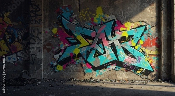 Fototapeta Graffiticovered wall in an abandoned building with splattered paint crumbling plaster and debris scattered on the floor