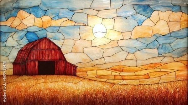 Fototapeta A vibrant stained glass artwork depicting a barn against a colorful sky and golden fields, capturing the essence of rural tranquility. stained glass.