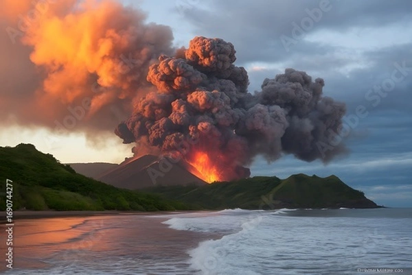 Obraz A Majestic and Terrifying Volcanic Eruption on a Tropical Island Coastline at Sunset