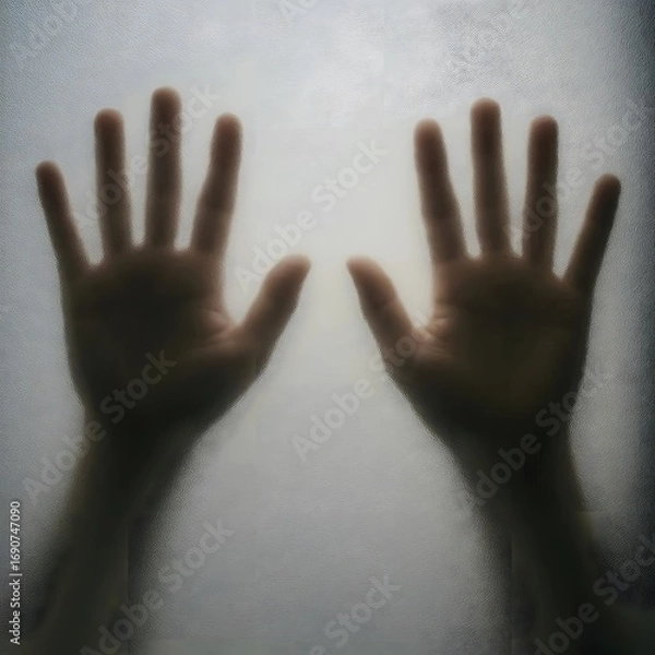Fototapeta Hands pressed on frosted glass window.