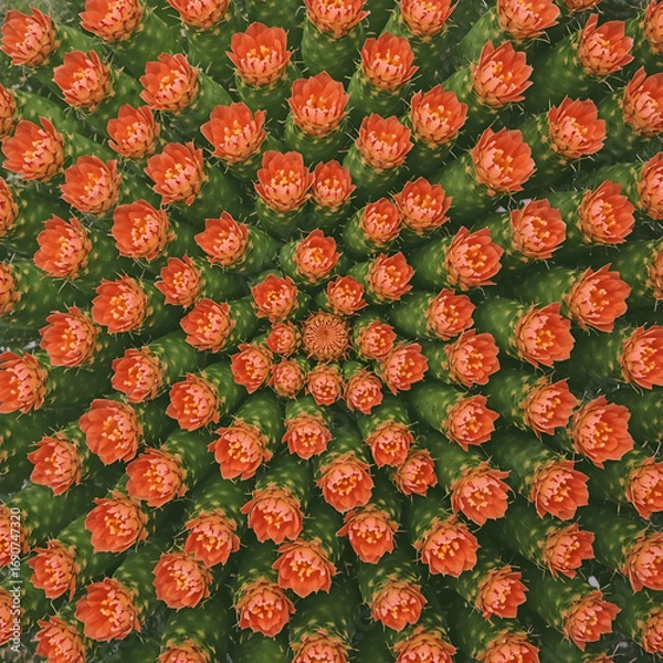 Fototapeta Rebutia cactus cluster, small round green bodies, covered with fine spines, blooming vibrant orange-red flowers all over, macro botanical photography