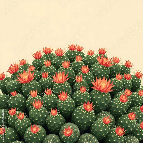 Fototapeta Rebutia cactus cluster, small round green bodies, covered with fine spines, blooming vibrant orange-red flowers all over, macro botanical photography