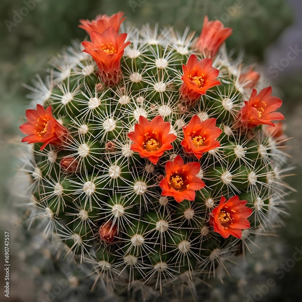 Fototapeta Rebutia cactus cluster, small round green bodies, covered with fine spines, blooming vibrant orange-red flowers all over, macro botanical photography