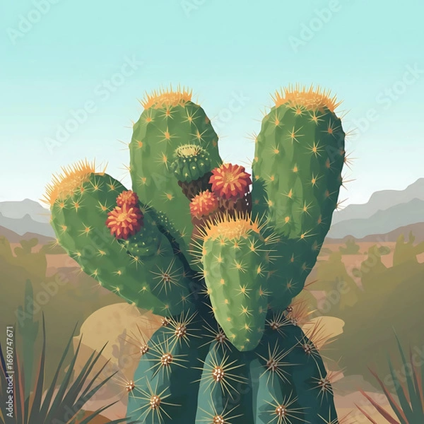 Fototapeta Opuntia cactus (Prickly pear), flat oval pads stacked like bunny ears, small spines, desert background, macro botanical style