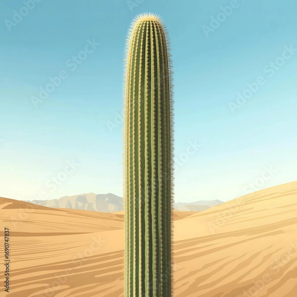 Fototapeta Cereus cactus, tall columnar shape, growing in desert landscape, blue sky background, realistic botanical photography