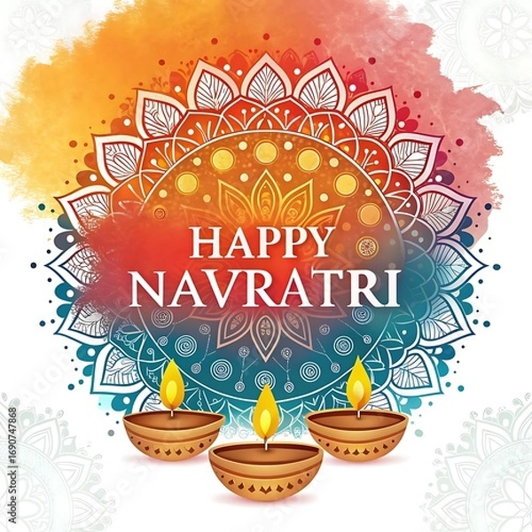 Fototapeta Vibrant Navratri Celebration: Mandala Design with Diyas