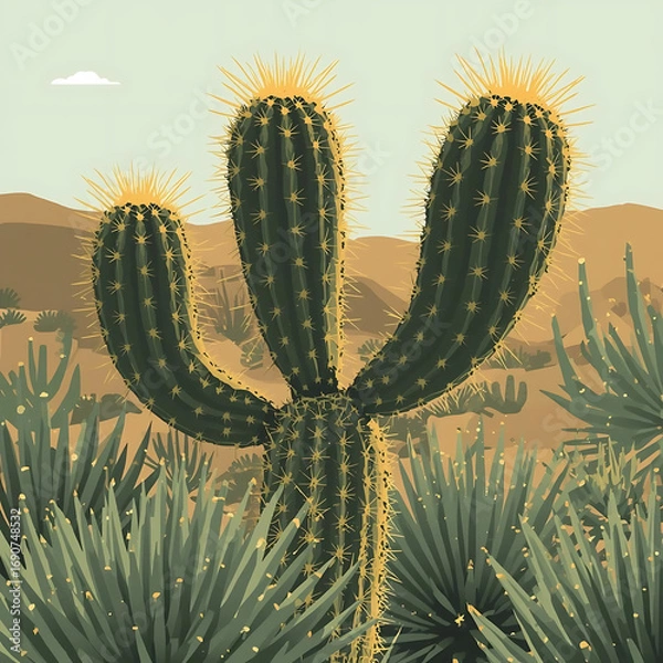 Fototapeta Ferocactus cactus, large barrel shape with thick golden spines, desert background, realistic botanical photography, sharp details