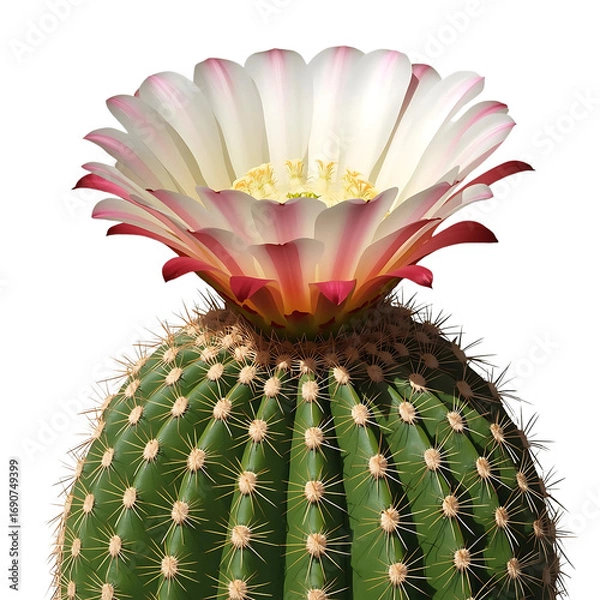Fototapeta Echinopsis cactus, round green body with ridges, large white and pink flower blooming dramatically, close-up photography, natural daylight