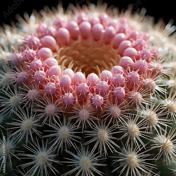 Fototapeta Mammillaria cactus cluster, small round bodies covered with soft white spines, crown of small pink flowers around the top, macro photography, bright natural light