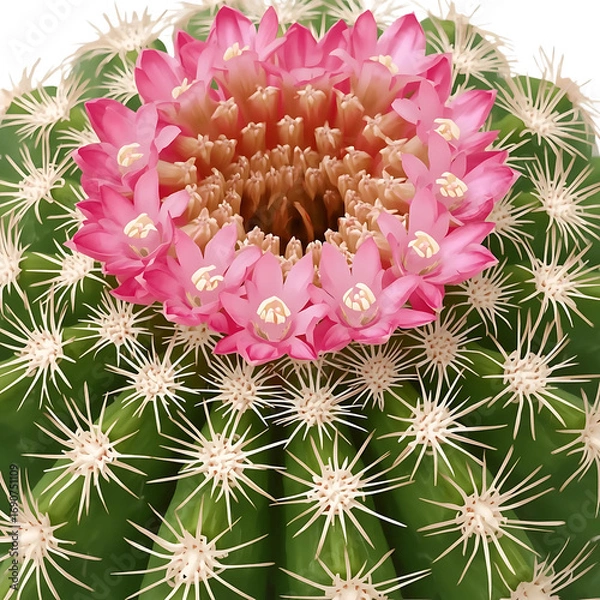 Fototapeta Mammillaria cactus cluster, small round bodies covered with soft white spines, crown of small pink flowers around the top, macro photography, bright natural light