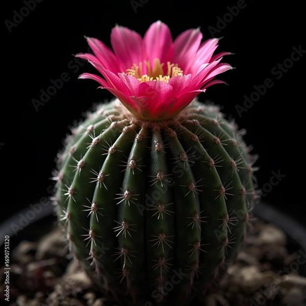 Fototapeta Gymnocalycium cactus, round shape with dark green body, ribbed structure, blooming pink flower, macro botanical photography, high detail