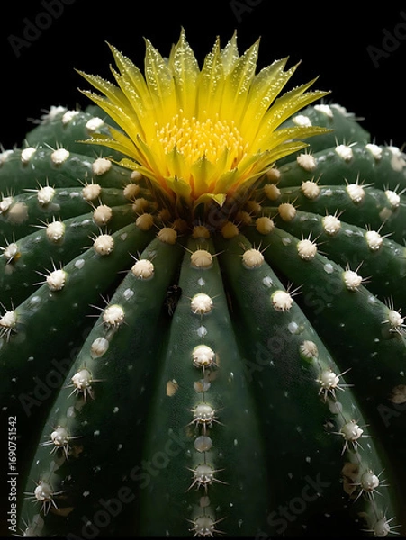 Fototapeta A close-up of Astrophytum cactus, spherical body with white dotted star-like patterns, 8 ribs, blooming yellow flower on top, studio lighting, ultra detailed, botanical photography style