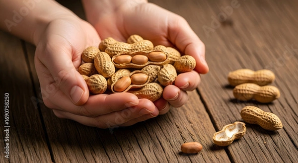 Obraz Mixed Nuts in Hands: Assorted Snack Kernels on Wooden Table