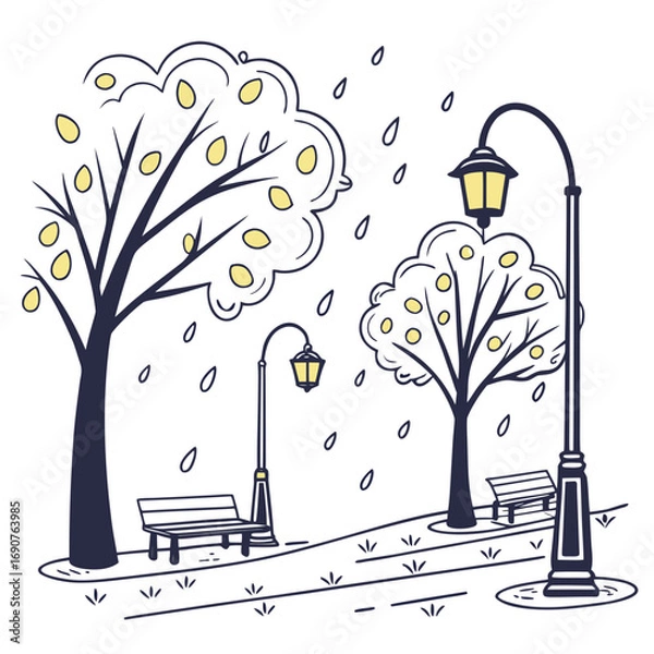 Fototapeta Vector art of rainy park scene featuring vintage streetlights, benches, and trees with yellow leaves in a minimalist style, creating a peaceful atmosphere