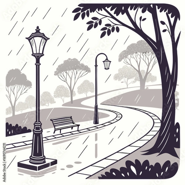 Obraz Vector art of a peaceful vector illustration depicts a rainy park scene with winding paths, vintage lampposts, and a bench under trees, , creating a serene atmosphere