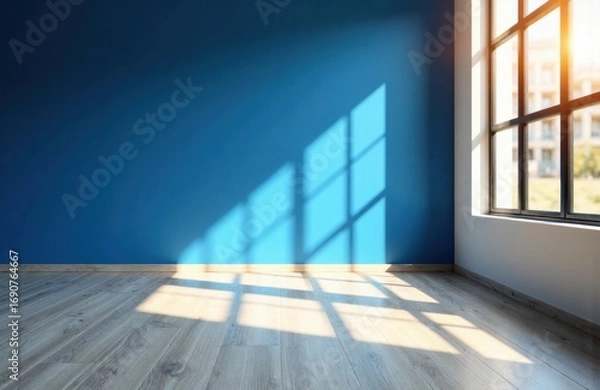 Fototapeta Sunlight streams through large window casting shadows on a blue wall in an empty room