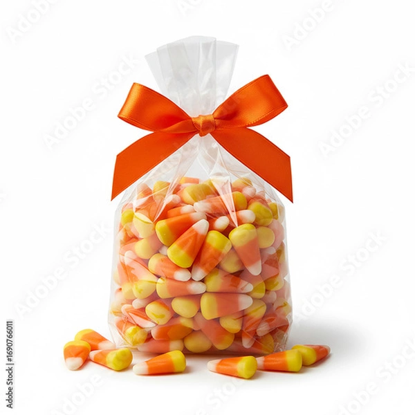 Fototapeta Bag of Assorted Halloween Candy Corn with Red Bow