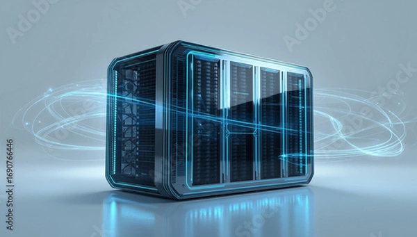 Fototapeta 3D Render of a Sleek Futuristic Server Unit with Blue Light Streaks