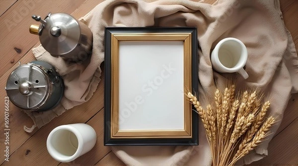Obraz An empty picture frame sits on a wooden table with a cloth, two empty glasses, a coffee maker and straw.