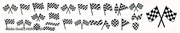 Fototapeta Checkered racing flags set. Black and white vector icons of finish flags, isolated on white background.