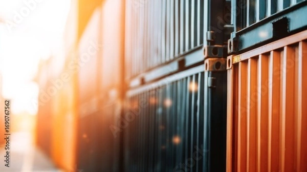 Fototapeta Interconnected shipping containers in dark blue and orange hues with visible ridges, bolted connections,