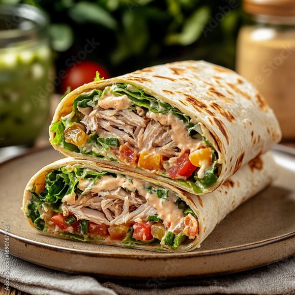 Fototapeta Grilled Tuna Wrap Halved with Lettuce, Tomatoes, Veggies, and Chipotle Ranch