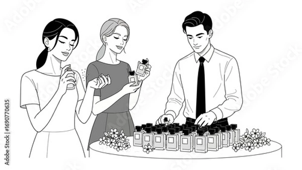 Fototapeta Three people two women and one man examining and selecting small bottles of perfume or essential oils from a display table at a market or event