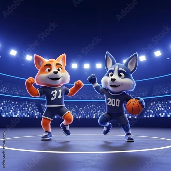 Fototapeta Energetic cartoon fox and wolf mascots in team uniforms playing basketball and celebrating on a professional stadium court