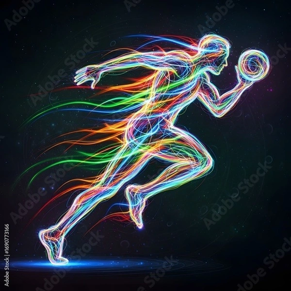 Fototapeta Vibrant Neon Silhouette of an Athlete in Motion, Capturing the Energy and Speed of a Runner Holding a Ball