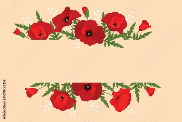Fototapeta Remembrance Day horizontal card. Banner with cartoon red poppy flowers. Vector illustration