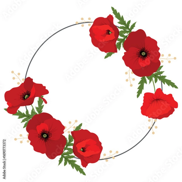 Fototapeta Red Poppy flower circle frame with space for text. The template for seasonal discount, banner, poster