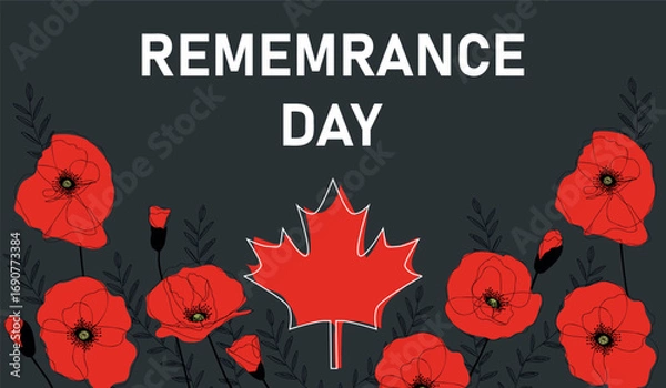 Fototapeta Remembrance Day banner with red poppy flowers. Horizontal Vector Illustration with hand drawn red poppy flowers, international symbol of peace, 