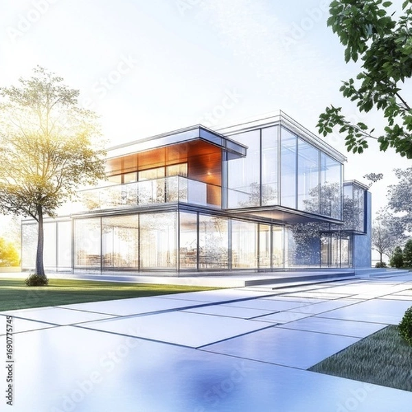 Fototapeta Architectural blueprint of a modern mansion with sleek wireframe design elements