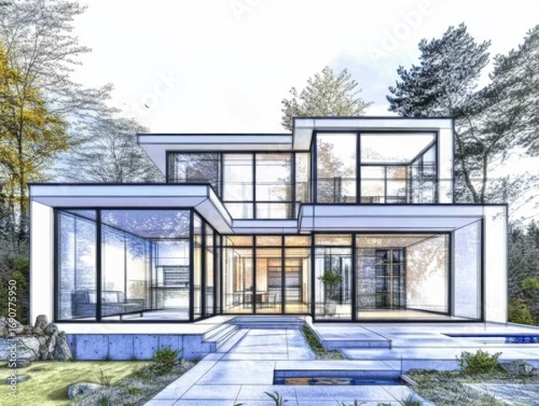 Fototapeta Transformation from Sketch to Reality: Creating a Stunning House Design Concept. draft real
