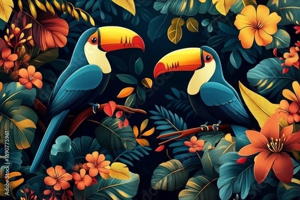 Fototapeta Tropical Jungle Pattern: Vibrant Colors, Exotic Fauna, and Lush Vegetation in a pattern with fauna