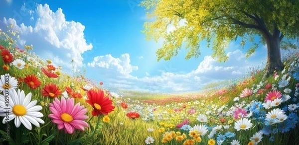 Fototapeta Vibrant spring scenery with colorful wildflowers in a lush meadow under Beautiful landscape