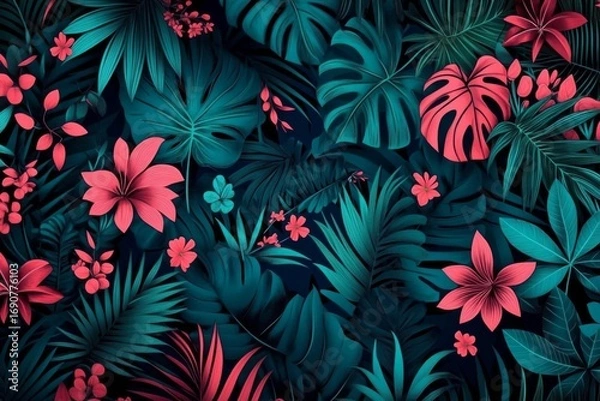 Fototapeta Vibrant Tropical Pattern Featuring Lush Jungle Vegetation and Exotic Fauna in Bright