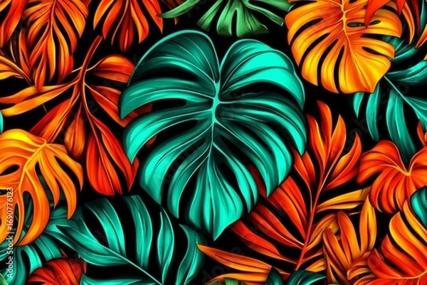 Fototapeta Vibrant tropical pattern featuring lush jungle vegetation and exotic fauna in vivid