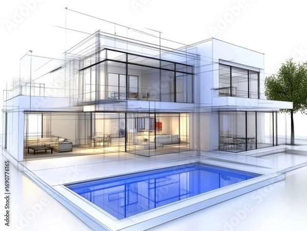Fototapeta Villa Wireframe Design - Architectural Blueprint Concept for Real Estate Development