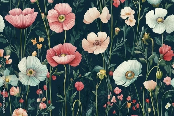 Fototapeta Vintage Print Style: Ideal Background with Wildflowers Floral Pattern for Design Projects wild flowers