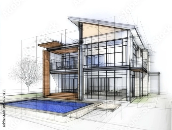 Fototapeta Architectural blueprint of a luxurious villa in the design phase, perfect for draft