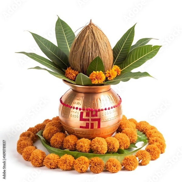 Fototapeta Kalash: Auspicious Copper Pot with Marigold & Mango Leaves