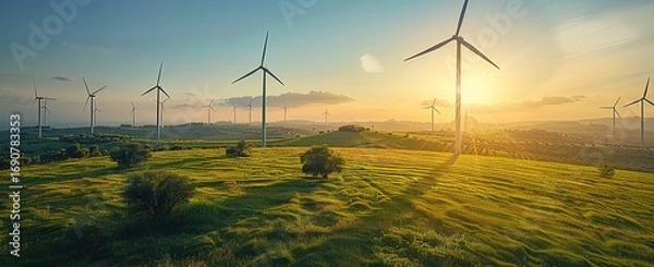 Fototapeta An image of a wind turbine standing tall in a vast natural landscape, suitable for brochures and posters of environmental protection organizations and new energy enterprises.	