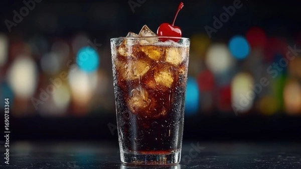 Fototapeta Cola glass with ice and cherry garnish, retro diner feel, 3D illustration , closes up