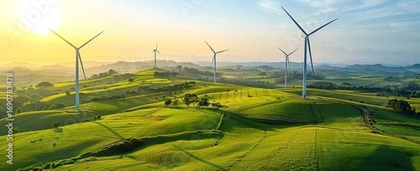 Fototapeta An image of a wind turbine standing tall in a vast natural landscape, suitable for brochures and posters of environmental protection organizations and new energy enterprises.	