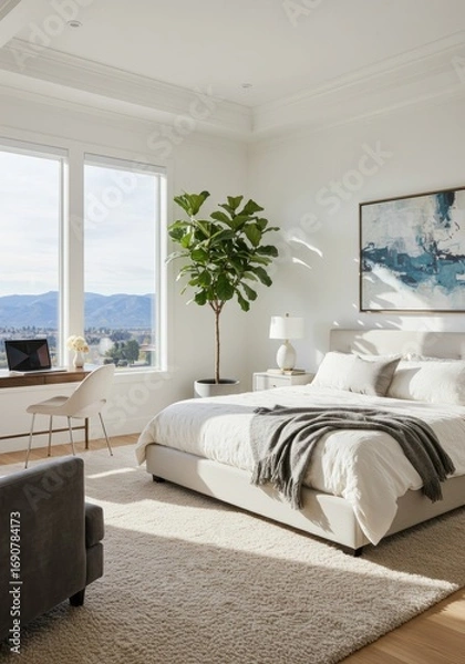 Fototapeta Bright bedroom interior features a large window with mountain views and a fiddle leaf fig tree.