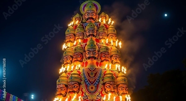 Fototapeta A large, multi-headed effigy of the demon king Ravana is set ablaze at night during the Hindu festival of Dussehra.