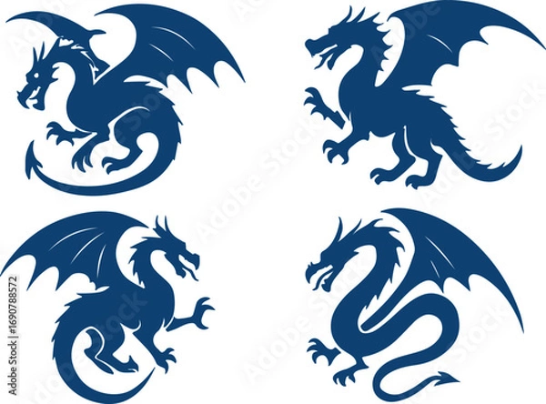 Fototapeta Black silhouette set dragons isolated vector